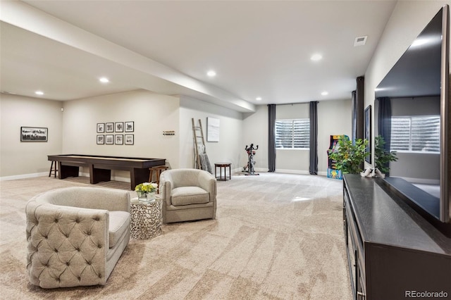 living room featuring light carpet, recessed lighting, baseboards, and billiards