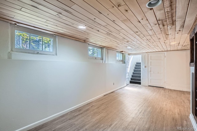 below grade area featuring stairs, wood finished floors, and wooden ceiling