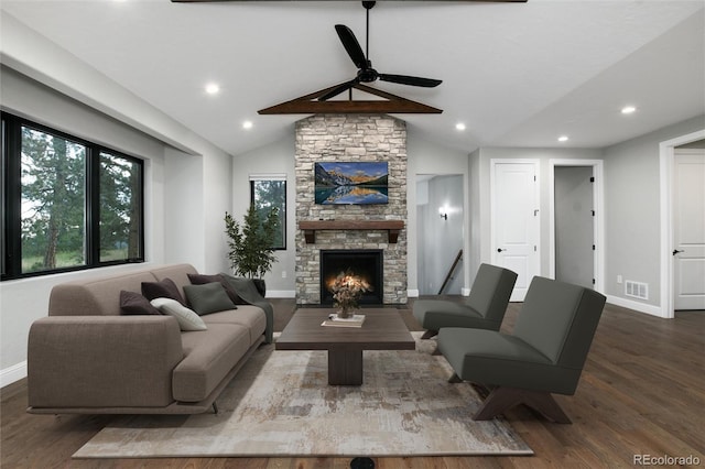 24701 US Highway 40, Golden, CO 80401 - living area featuring dark wood-type flooring, baseboards, plenty of natural light, a fireplace, and recessed lighting