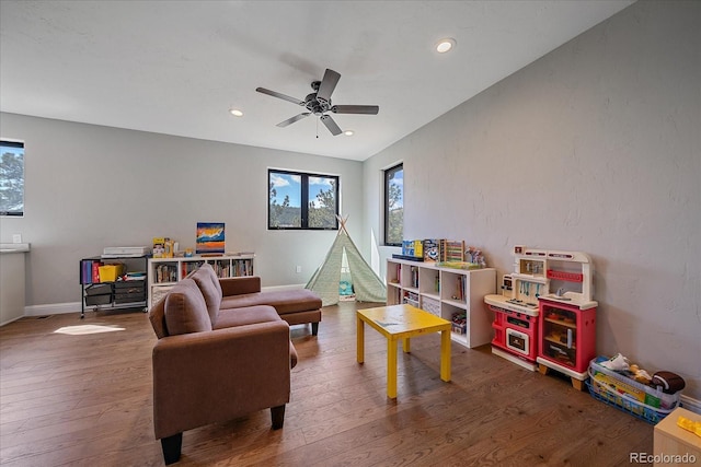 24701 US Highway 40, Golden, CO 80401 - game room with wood finished floors, ceiling fan, baseboards, recessed lighting, and vaulted ceiling