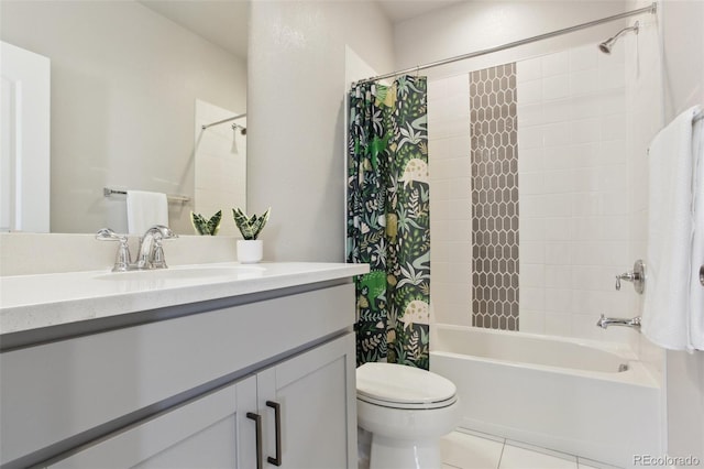 bathroom with tile patterned flooring, vanity, toilet, and shower / tub combo with curtain