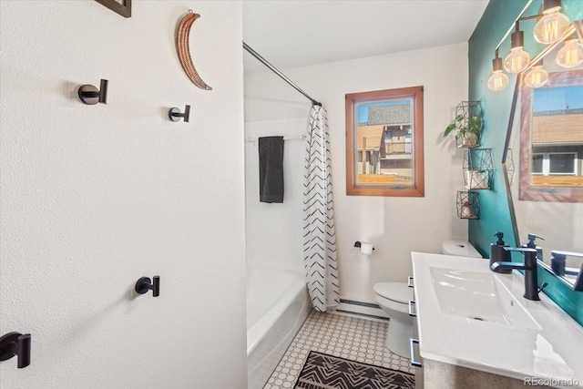 full bathroom featuring a baseboard radiator, shower / bath combination with curtain, vanity, toilet, and tile patterned floors