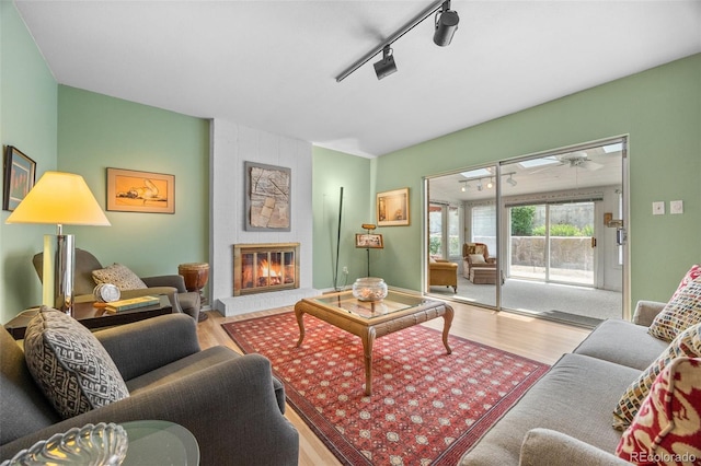 8205 Pennsylvania St, Denver, CO 80229 - living area with track lighting, wood finished floors, and a fireplace
