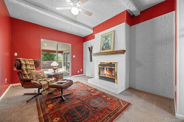8205 Pennsylvania St, Denver, CO 80229 - carpeted living room featuring a brick fireplace, ceiling fan, and a textured ceiling
