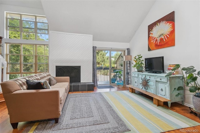 701 Harlan St Unit E29, Lakewood, CO 80214 - living area with high vaulted ceiling, wood finished floors, a fireplace, and baseboards
