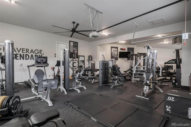 workout area featuring ceiling fan