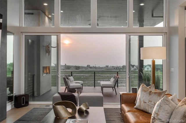 living area featuring floor to ceiling windows and wood finished floors