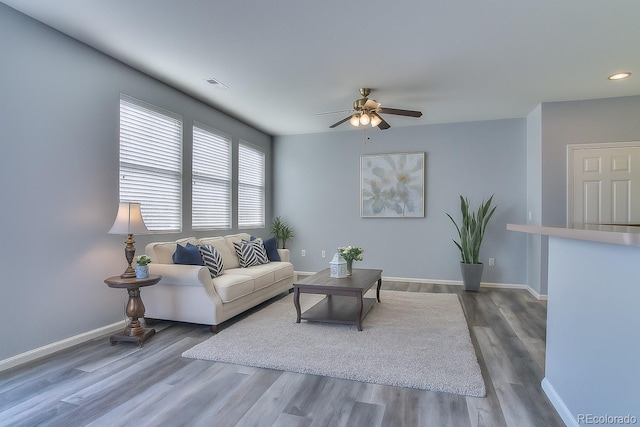 17205 Waterhouse Cir Unit C, Parker, CO 80134 - living area featuring a ceiling fan, wood finished floors, and recessed lighting