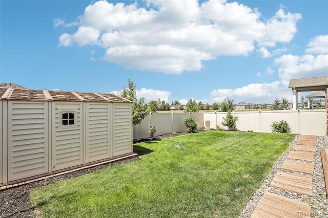 view of yard with a storage shed