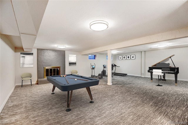 game room with a fireplace, carpet floors, and pool table