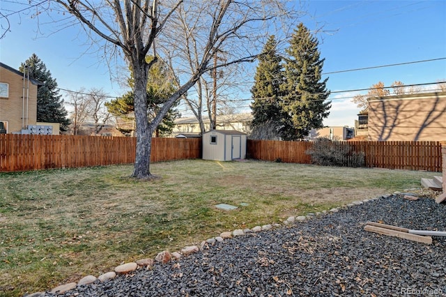 view of yard featuring a shed