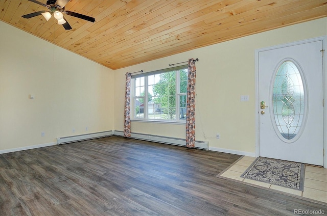 84 Kathy Dr, Buena Vista, CO 81211 - entrance foyer with wooden ceiling, lofted ceiling, wood finished floors, a ceiling fan, and a baseboard heating unit