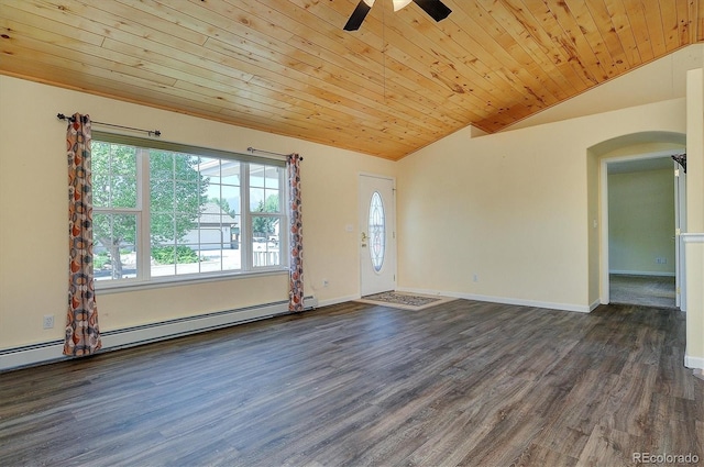 84 Kathy Dr, Buena Vista, CO 81211 - spare room featuring lofted ceiling, arched walkways, wooden ceiling, dark wood finished floors, and ceiling fan