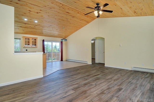 84 Kathy Dr, Buena Vista, CO 81211 - spare room with wooden ceiling, a baseboard radiator, ceiling fan, arched walkways, and wood finished floors