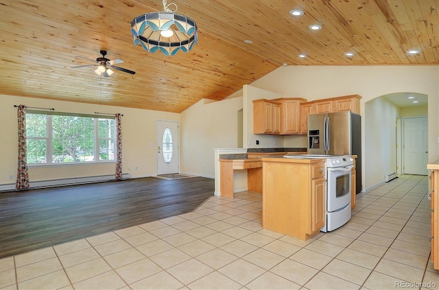 84 Kathy Dr, Buena Vista, CO 81211 - kitchen with open floor plan, wooden ceiling, arched walkways, electric range, and vaulted ceiling