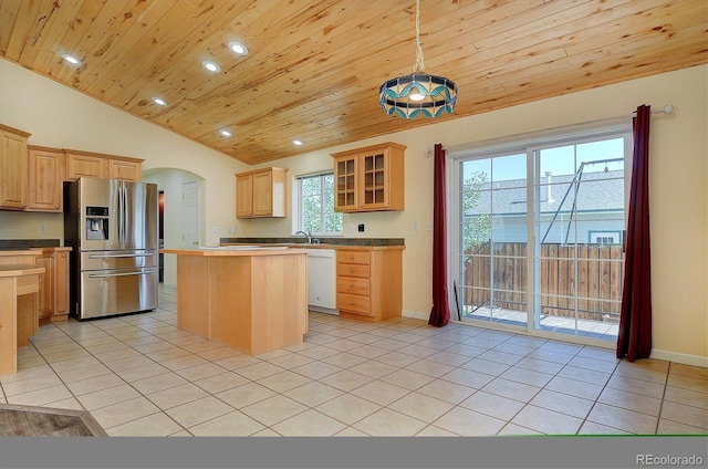 84 Kathy Dr, Buena Vista, CO 81211 - kitchen with stainless steel fridge with ice dispenser, dishwasher, wooden ceiling, arched walkways, and a kitchen island