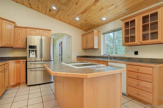 84 Kathy Dr, Buena Vista, CO 81211 - kitchen featuring stainless steel fridge with ice dispenser, dishwasher, wooden ceiling, light tile patterned flooring, and recessed lighting