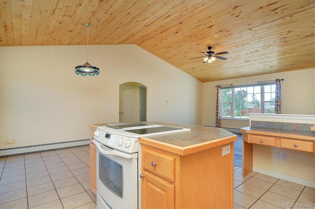 84 Kathy Dr, Buena Vista, CO 81211 - kitchen with white electric stove, a baseboard radiator, arched walkways, light tile patterned floors, and wooden ceiling