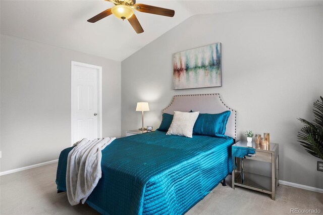 13906 Jackson St, Thornton, CO 80602 - bedroom with carpet floors, vaulted ceiling, baseboards, and ceiling fan
