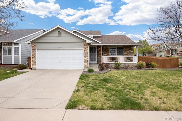 13906 Jackson St, Thornton, CO 80602 - single story home with stone siding, an attached garage, concrete driveway, a porch, and roof with shingles