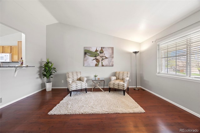 13906 Jackson St, Thornton, CO 80602 - living area featuring vaulted ceiling, dark wood finished floors, and baseboards