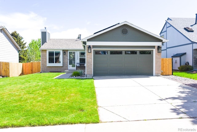 12498 W Prentice Dr, Littleton, CO 80127 - view of front of property with concrete driveway, a garage, brick siding, a chimney, and a shingled roof