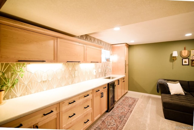 12498 W Prentice Dr, Littleton, CO 80127 - kitchen featuring light carpet, wine cooler, recessed lighting, light countertops, and light brown cabinets