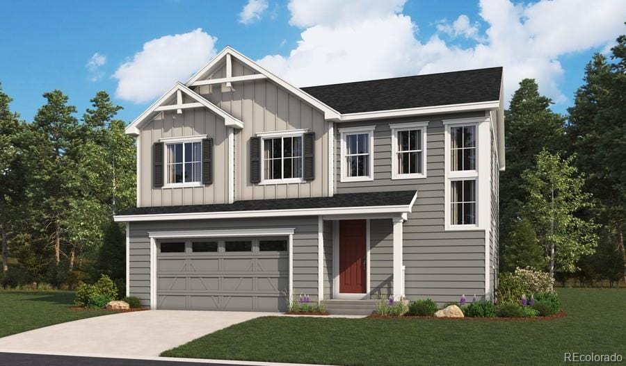4589 Thistle Dr, Brighton, CO 80601 - view of front facade featuring board and batten siding, concrete driveway, a garage, and a front lawn