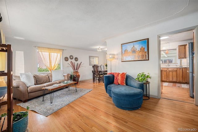 living area with a textured ceiling and light wood-type flooring
