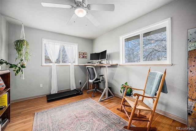 workout area with ceiling fan, baseboards, and wood finished floors