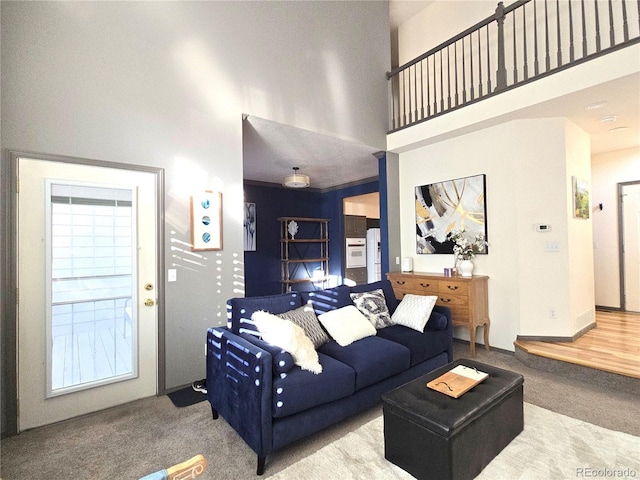 living room featuring a high ceiling and carpet floors