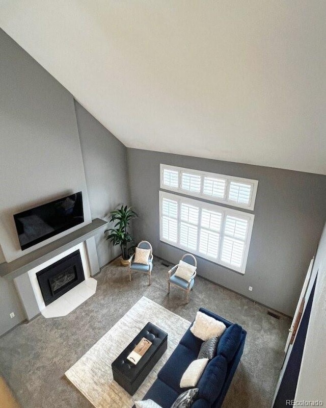 living room featuring lofted ceiling and carpet