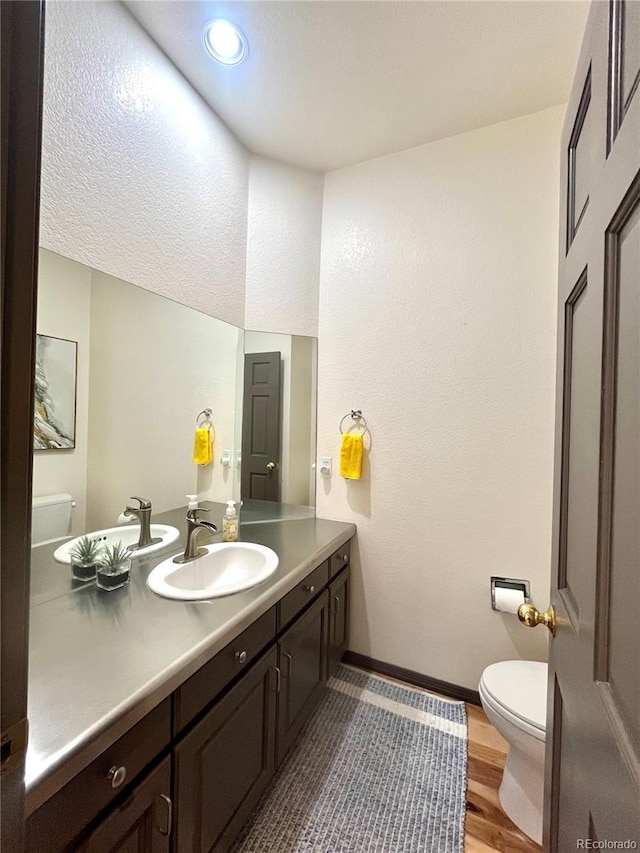 bathroom with vanity, toilet, and hardwood / wood-style floors