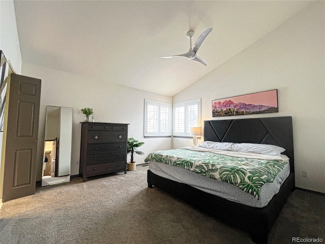 bedroom featuring ceiling fan, carpet flooring, and vaulted ceiling