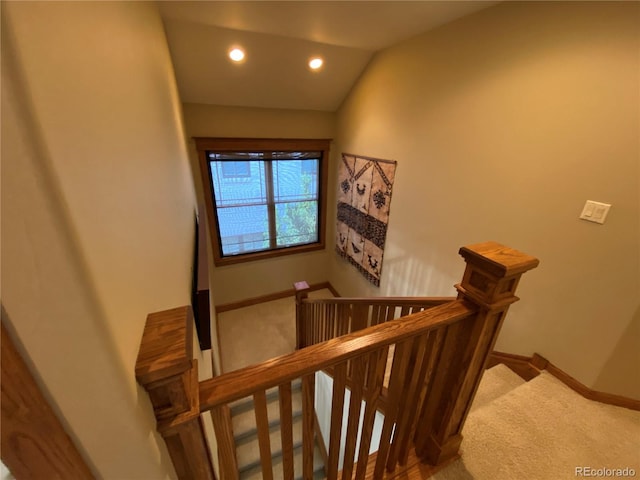 1145 S Williams St, Denver, CO 80210 - stairs with carpet flooring, recessed lighting, and lofted ceiling