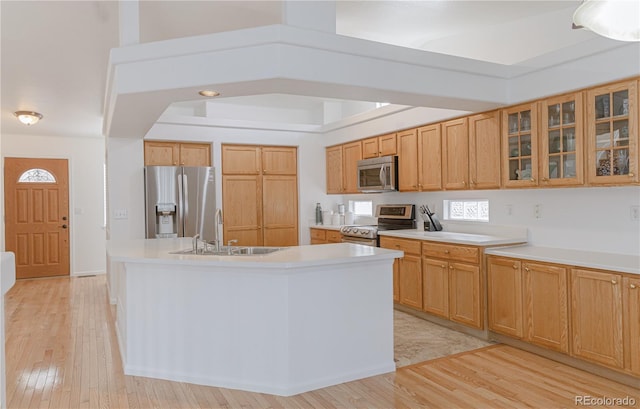 kitchen featuring light hardwood / wood-style flooring, sink, appliances with stainless steel finishes, and an island with sink