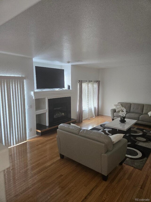 living room featuring hardwood / wood-style floors and a textured ceiling