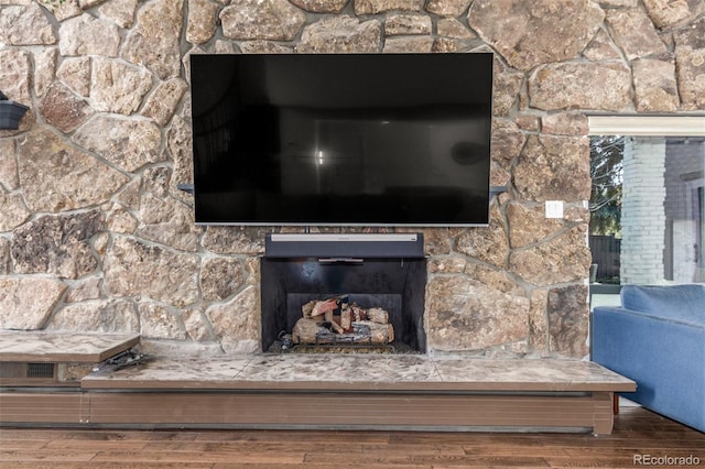 interior details with a fireplace with raised hearth and wood finished floors