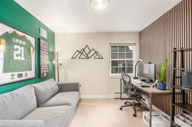 home office with visible vents, carpet flooring, baseboard heating, and baseboards