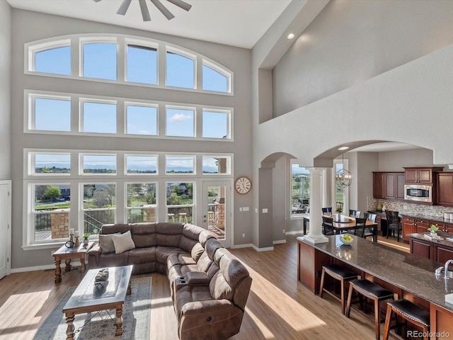 10531 Lieter Pl, Lone Tree, CO 80124 - living area with arched walkways, decorative columns, a towering ceiling, light wood-style flooring, and baseboards