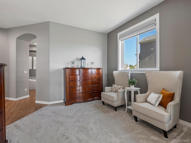 10531 Lieter Pl, Lone Tree, CO 80124 - sitting room featuring arched walkways, baseboards, carpet flooring, and wood finished floors