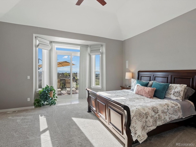 10531 Lieter Pl, Lone Tree, CO 80124 - bedroom with access to exterior, light carpet, vaulted ceiling, a ceiling fan, and baseboards