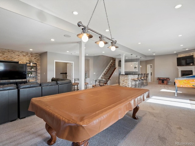 10531 Lieter Pl, Lone Tree, CO 80124 - game room featuring billiards, light carpet, bar area, recessed lighting, and a fireplace