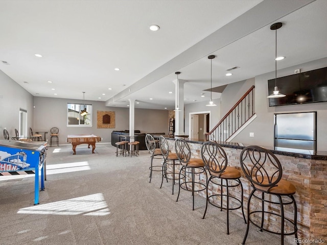 10531 Lieter Pl, Lone Tree, CO 80124 - game room with pool table, ornate columns, carpet floors, a community bar, and recessed lighting