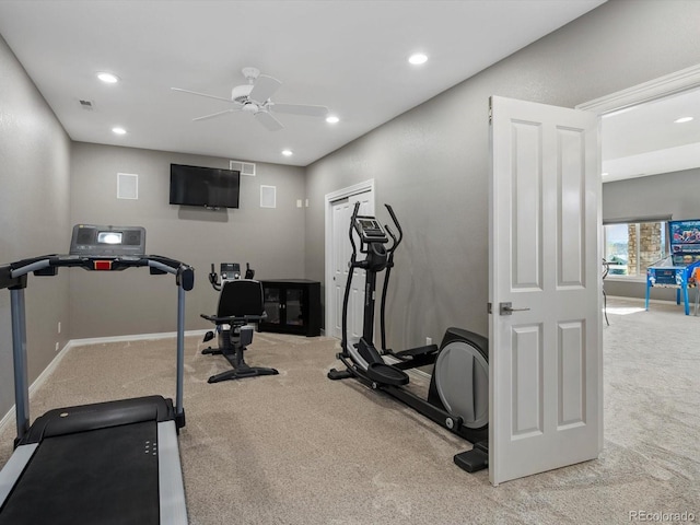 10531 Lieter Pl, Lone Tree, CO 80124 - workout room featuring carpet flooring, a ceiling fan, baseboards, and recessed lighting