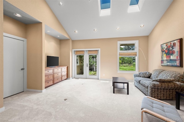 4398 Carter Trl, Boulder, CO 80301 - carpeted living room with lofted ceiling, french doors, and recessed lighting