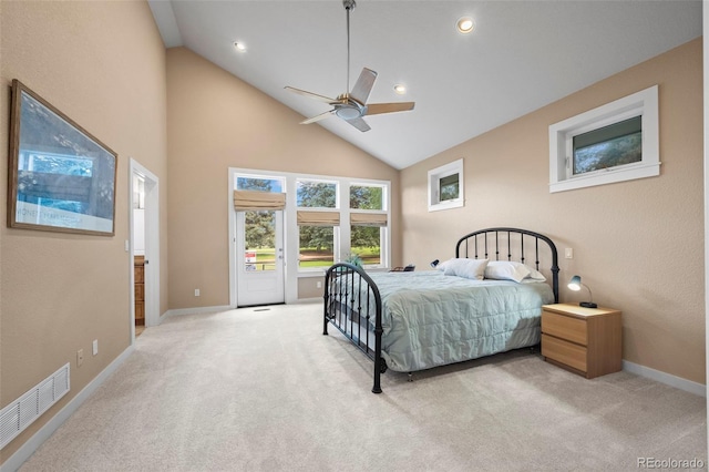 4398 Carter Trl, Boulder, CO 80301 - bedroom featuring access to exterior, light colored carpet, high vaulted ceiling, a ceiling fan, and recessed lighting