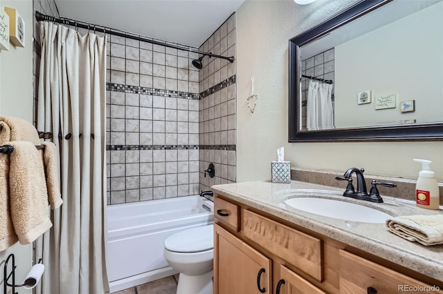 full bath with shower / bathtub combination with curtain, vanity, toilet, and tile patterned flooring