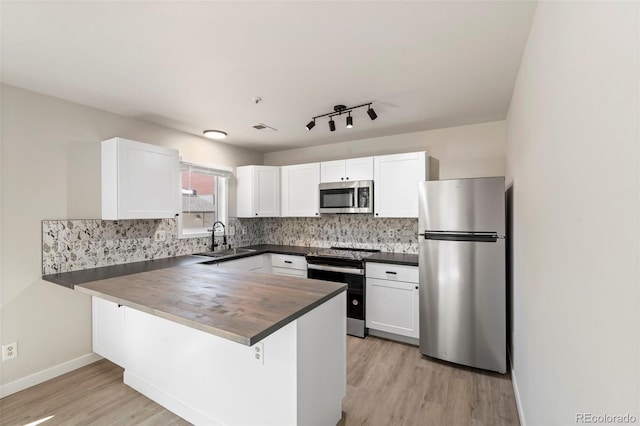 kitchen featuring a peninsula, a sink, white cabinets, appliances with stainless steel finishes, and dark countertops