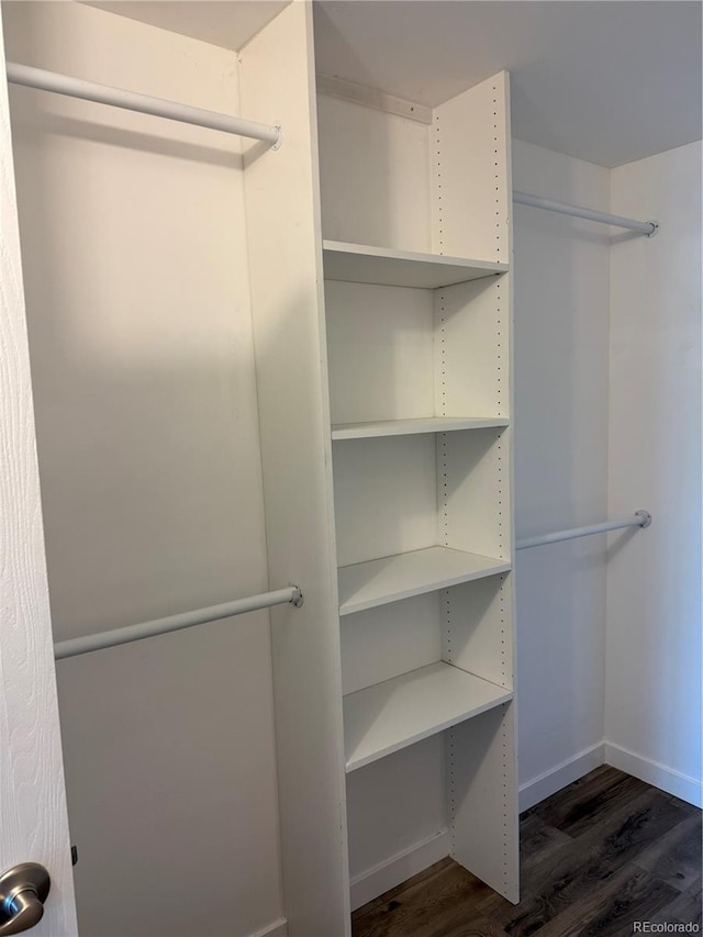 spacious closet with dark wood-style flooring